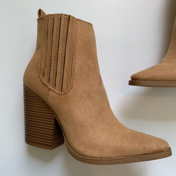 Qupid Slay Tan Vegan Suede Pointy Toe Booties - Picture 3 of 6